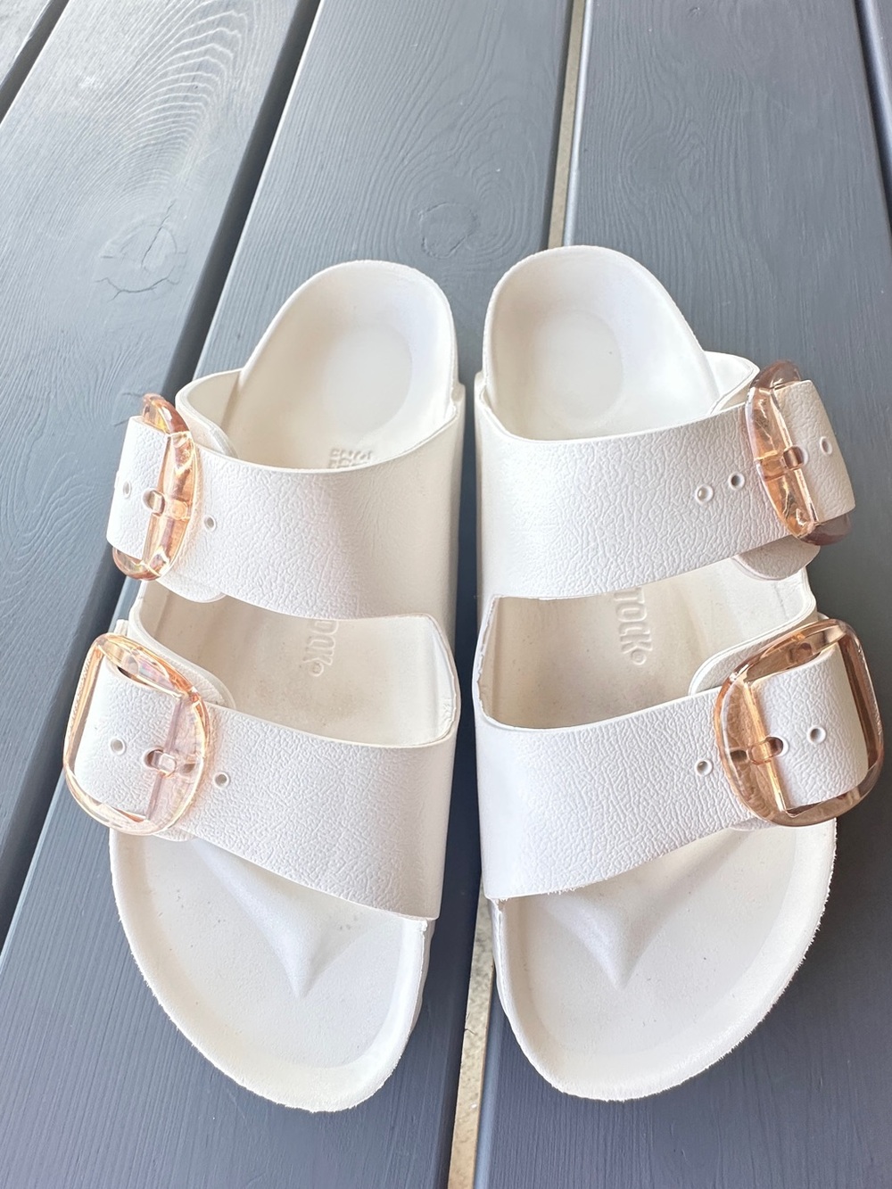 Birkenstock White Double-Buckle EVA Sandals with Rose Gold Buckles US Sz 6.5